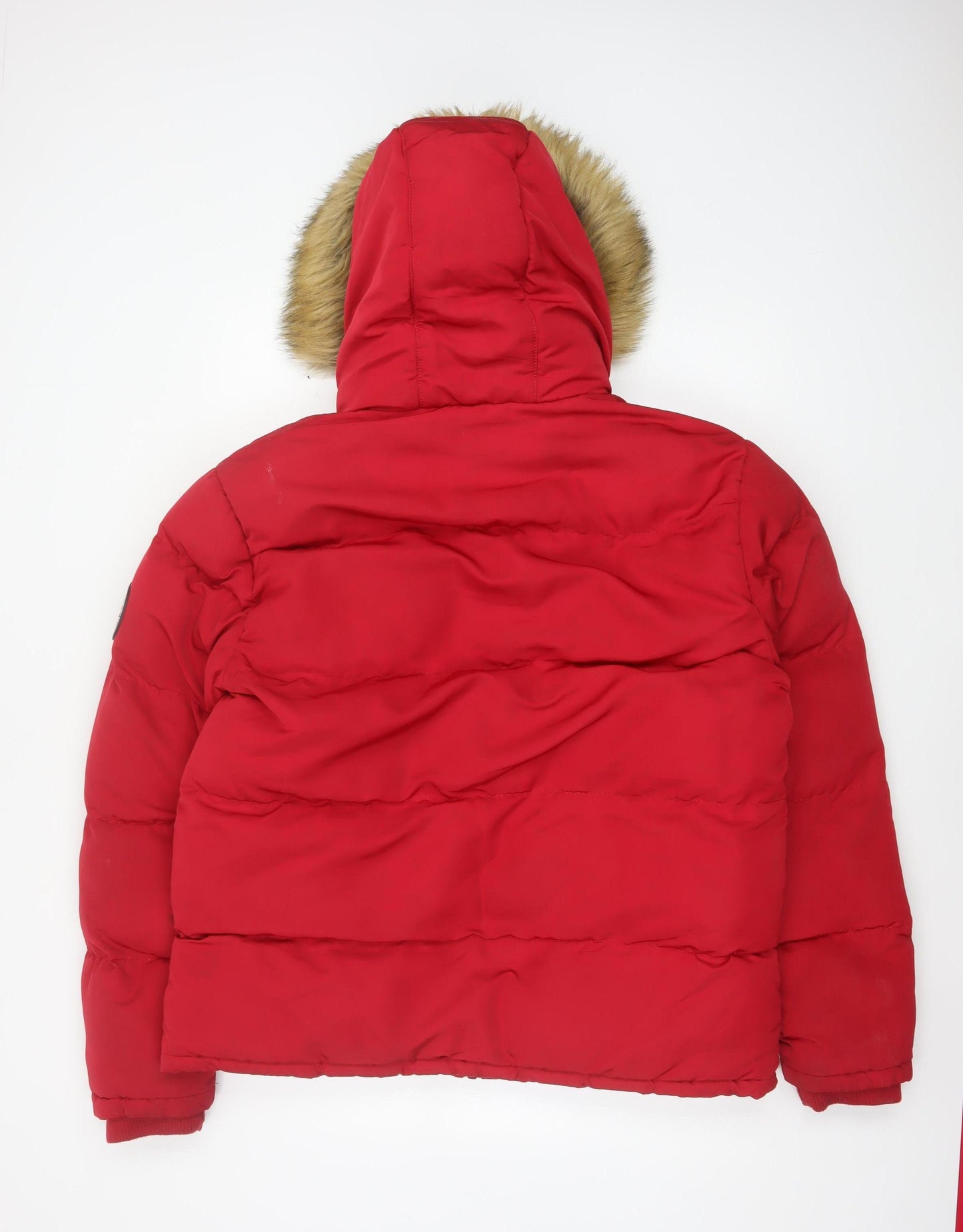 SoulCal & Co Mens Red L Puffer Jacket Hooded Faux Fur Winter Coat