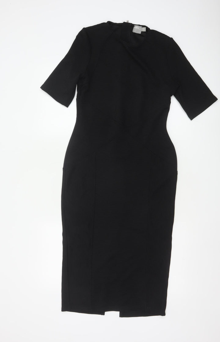 ASOS Women’s Black Midi Bodycon Dress Size 12 Zip Back Stretch