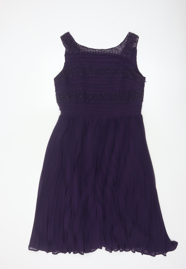Oasis Women's Purple A-Line Sleeveless Lace Pleated Dress Size 14