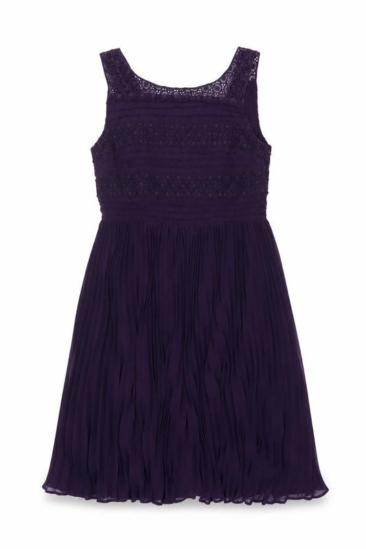 Front view of Oasis Women's Purple A-Line Sleeveless Lace Pleated Dress, size 14