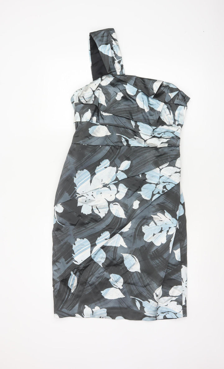 Coast Women Grey Floral One Shoulder Ruched Satin Dress Size 14