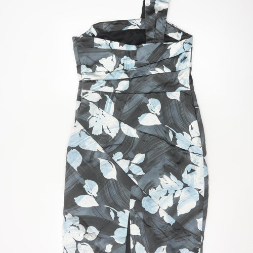 Coast Women Grey Floral One Shoulder Ruched Satin Dress Size 14
