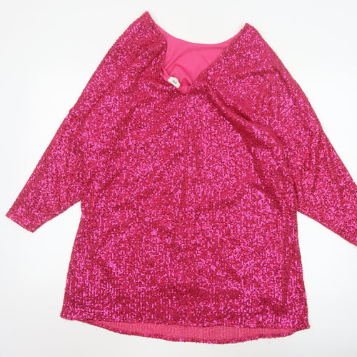 River Island Women Pink Sequin Tunic Blouse Size 12 Party Top