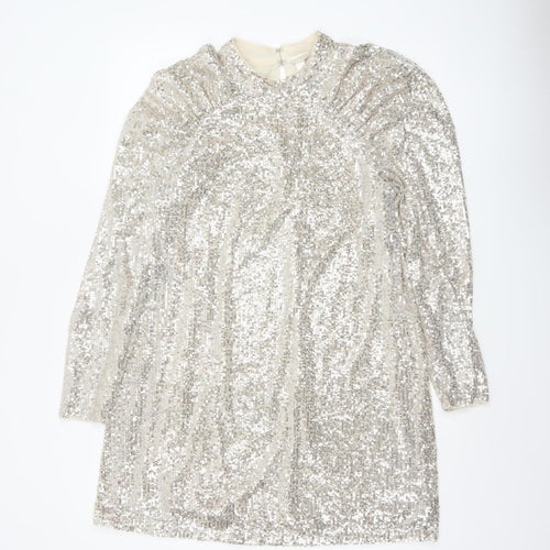 H&M Women Silver Sequin Short Shift Party Dress Size M