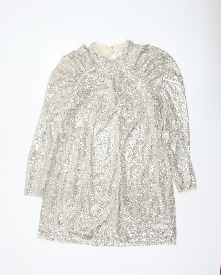 H&M Women Silver Sequin Short Shift Party Dress Size M