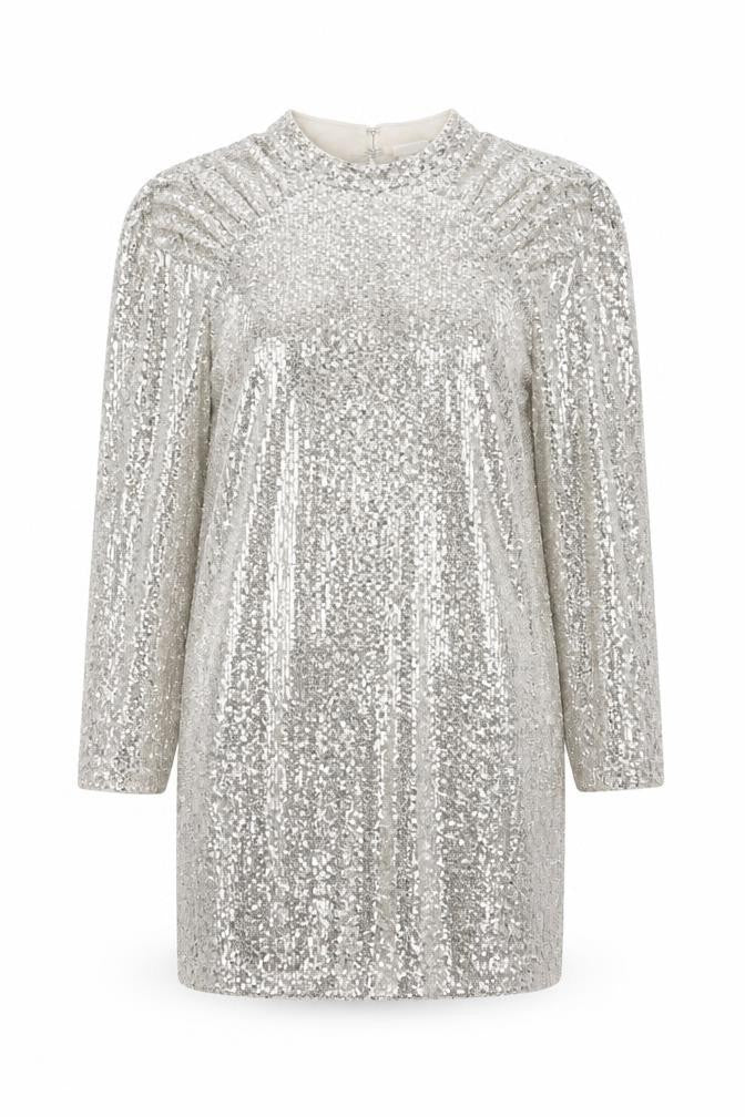 Front view of H&M Women Silver Sequin Short Shift Party Dress, size M