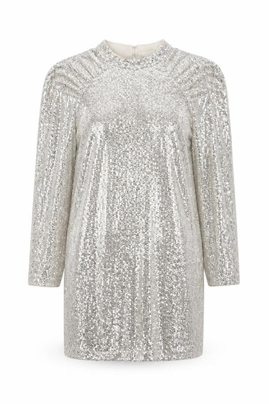 Front view of H&M Women Silver Sequin Short Shift Party Dress, size M