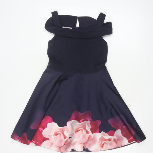 Ted Baker Girls Blue Floral Fit & Flare Party Dress Age 11 Off Shoulder