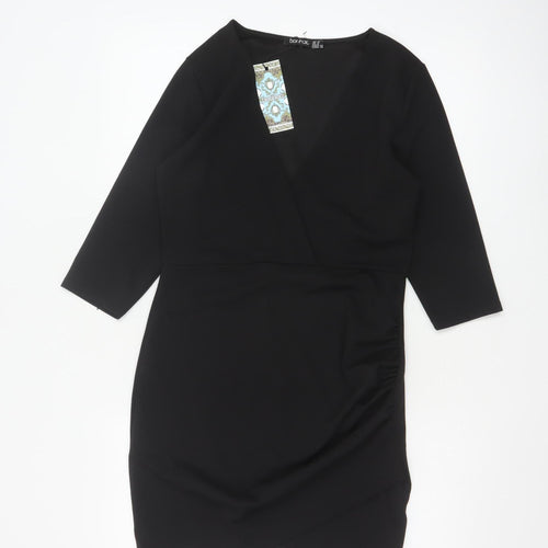 Boohoo Womens Black Size 12 Bodycon V-Neck 3/4 Sleeve Dress