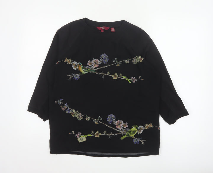 Ted Baker Women’s Black Floral Bird Tunic Blouse Size 12