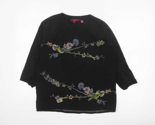 Ted Baker Women’s Black Floral Bird Tunic Blouse Size 12