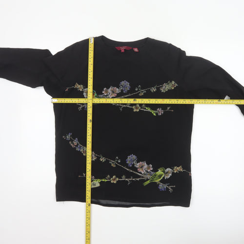Ted Baker Women’s Black Floral Bird Tunic Blouse Size 12