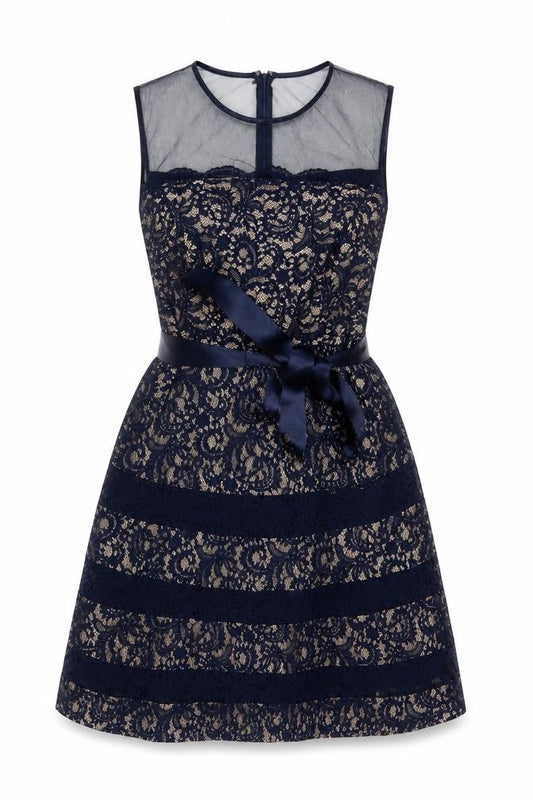 Front view of Betsy & Adam Women's Blue Lace Fit & Flare Formal Dress, size 8