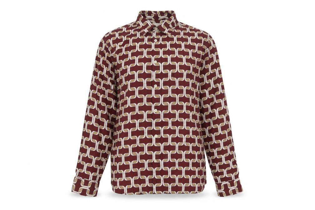 Front view of Moss women’s burgundy geometric long sleeve button-up shirt, size L