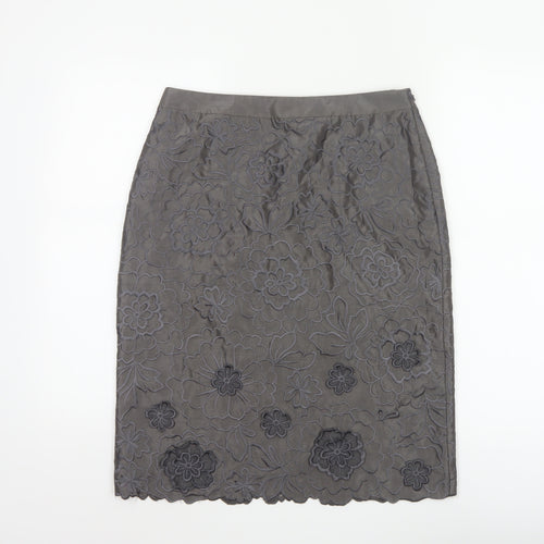 Monsoon Women Grey Floral Embroidered Pencil Skirt Size 10