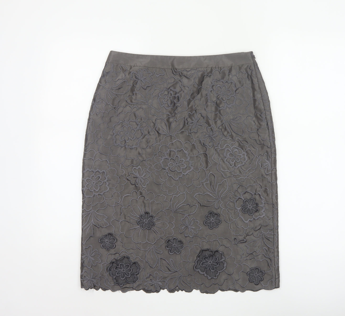 Monsoon Women Grey Floral Embroidered Pencil Skirt Size 10