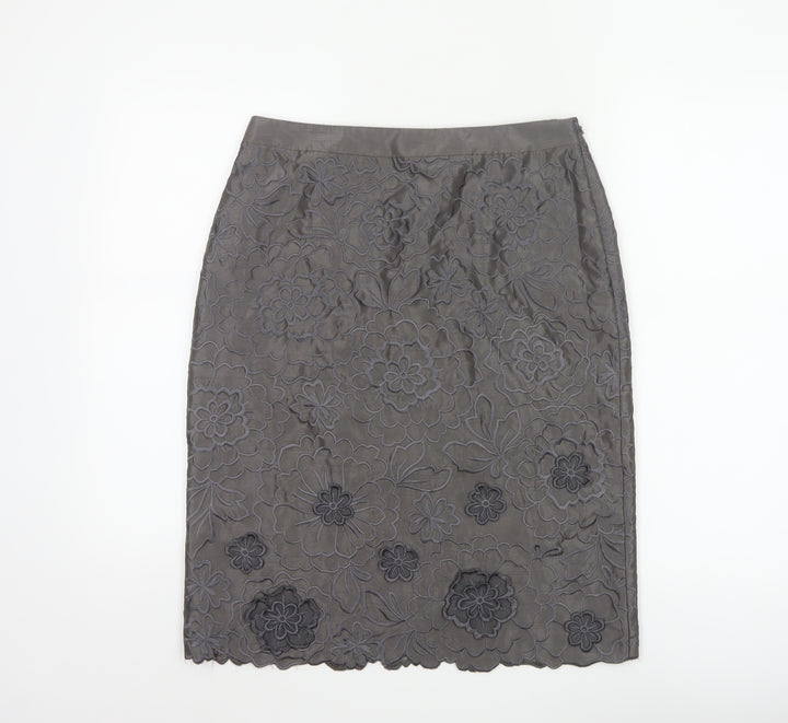 Monsoon Women Grey Floral Embroidered Pencil Skirt Size 10