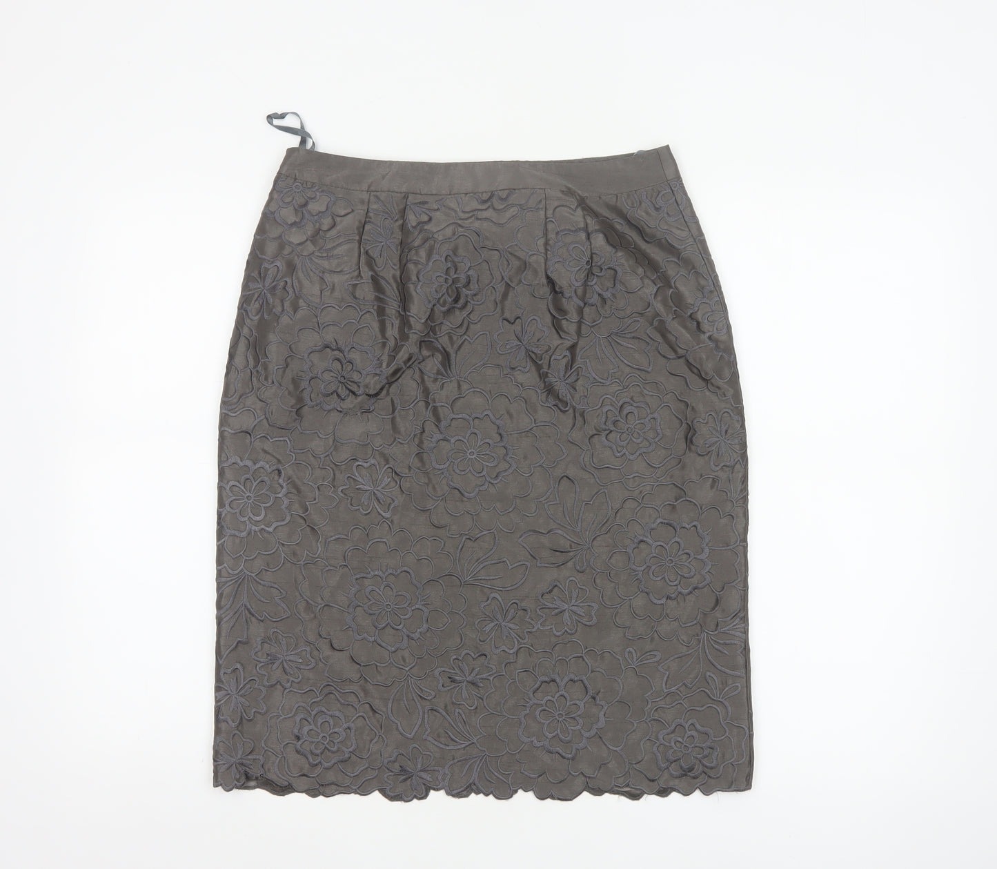 Monsoon Women Grey Floral Embroidered Pencil Skirt Size 10