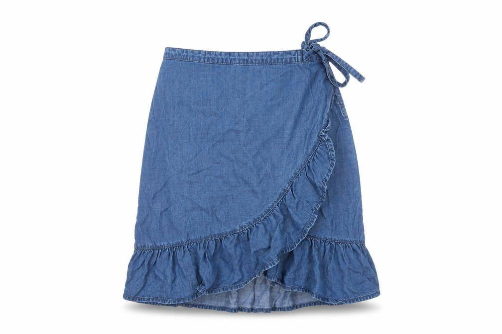 Front view of Next Women Blue Lyocell Wrap Ruffle Skirt, size 8