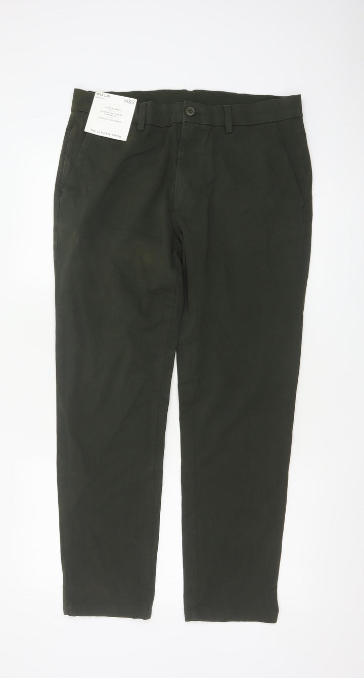 Marks and Spencer Men's Green Slim Fit Chino Trousers 34x29