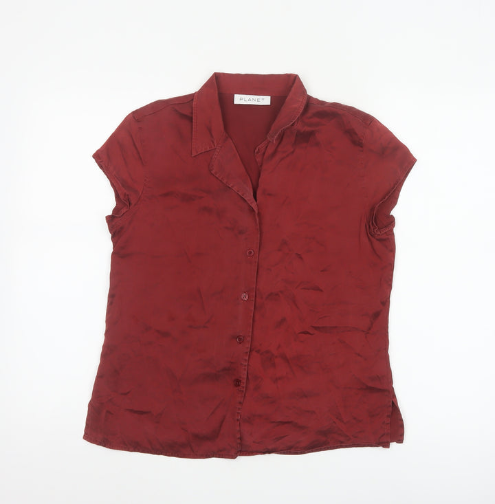 Planet Women's Red Silk Short Sleeve Collared Blouse Size 12