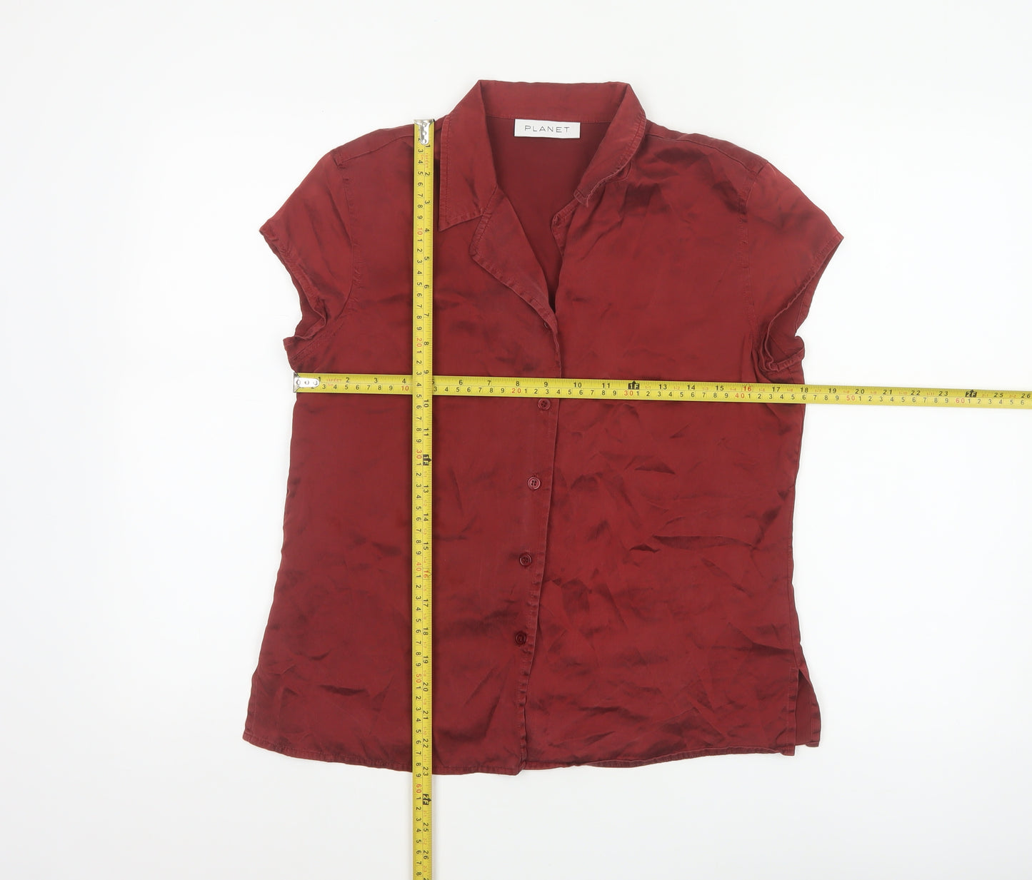 Planet Women's Red Silk Short Sleeve Collared Blouse Size 12