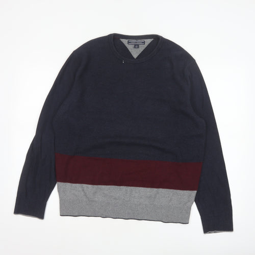 Tommy Hilfiger Men's Blue Colourblock Cotton Wool Pullover Jumper L