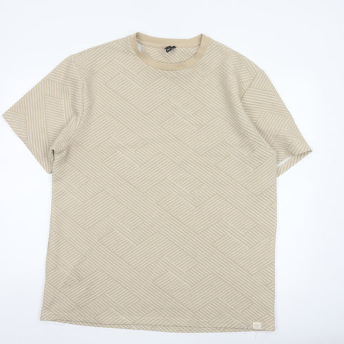 River Island Men's Beige Geometric Textured Crew Neck T-Shirt XL
