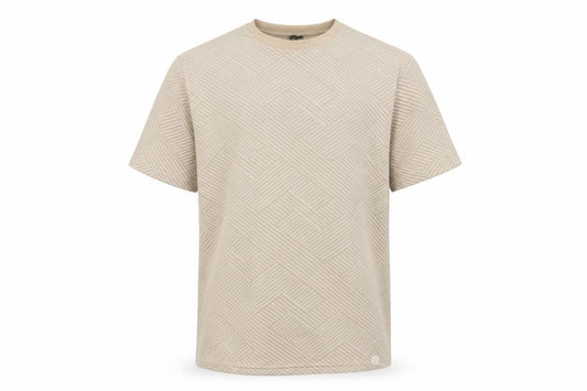 Front view of River Island Men's Beige Geometric Textured Crew Neck T-Shirt XL