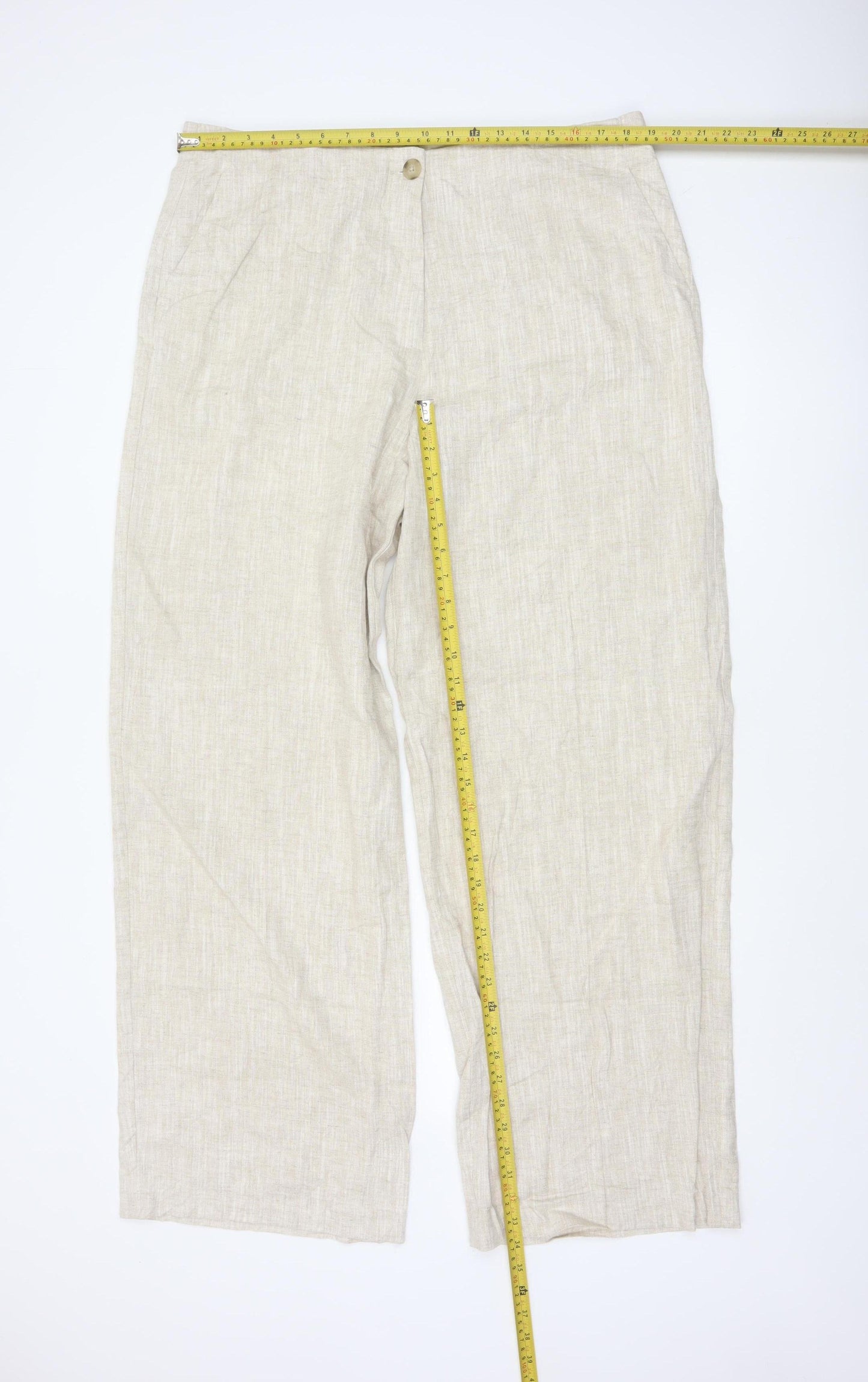 Marks and Spencer Womens Beige Linen Blend Trousers Size 18 Tall