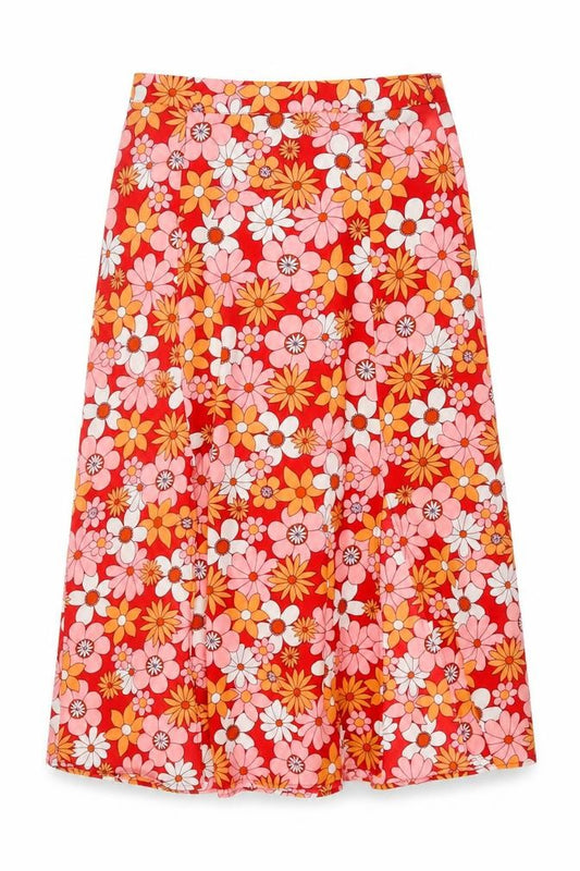 Front view of French Connection Women’s Red Floral A-Line Midi Skirt, size UK 14