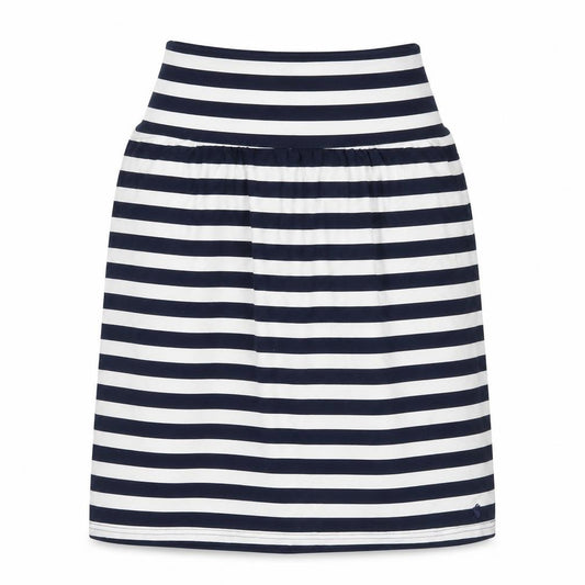 Front view of Joules Women’s Blue White Striped A-Line Jersey Skirt, size UK 8