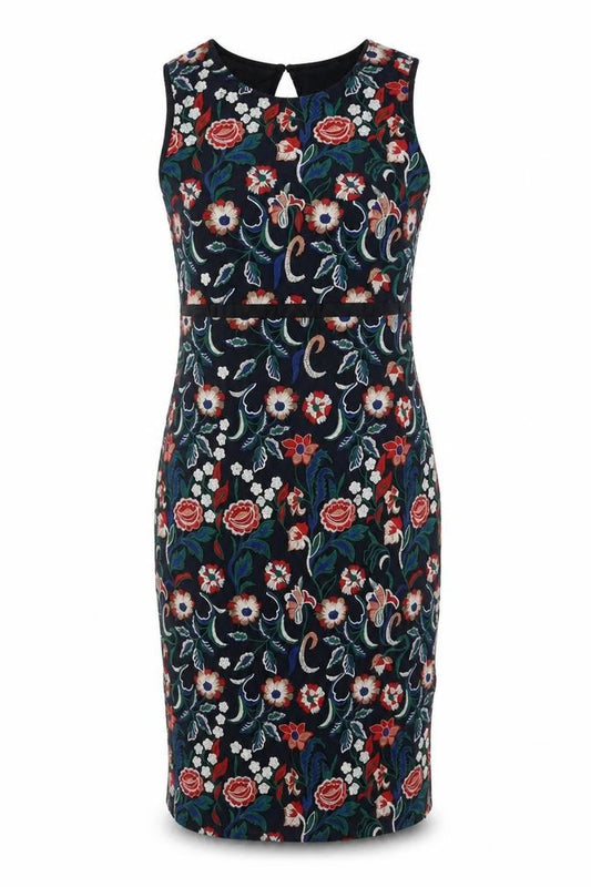 Front view of Seen Worn Kept Women's Multicoloured Floral Embroidered Sheath Dress, size 12