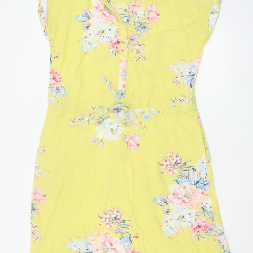 Joules Women's Yellow Floral Shirt Dress Size 10 Linen Blend