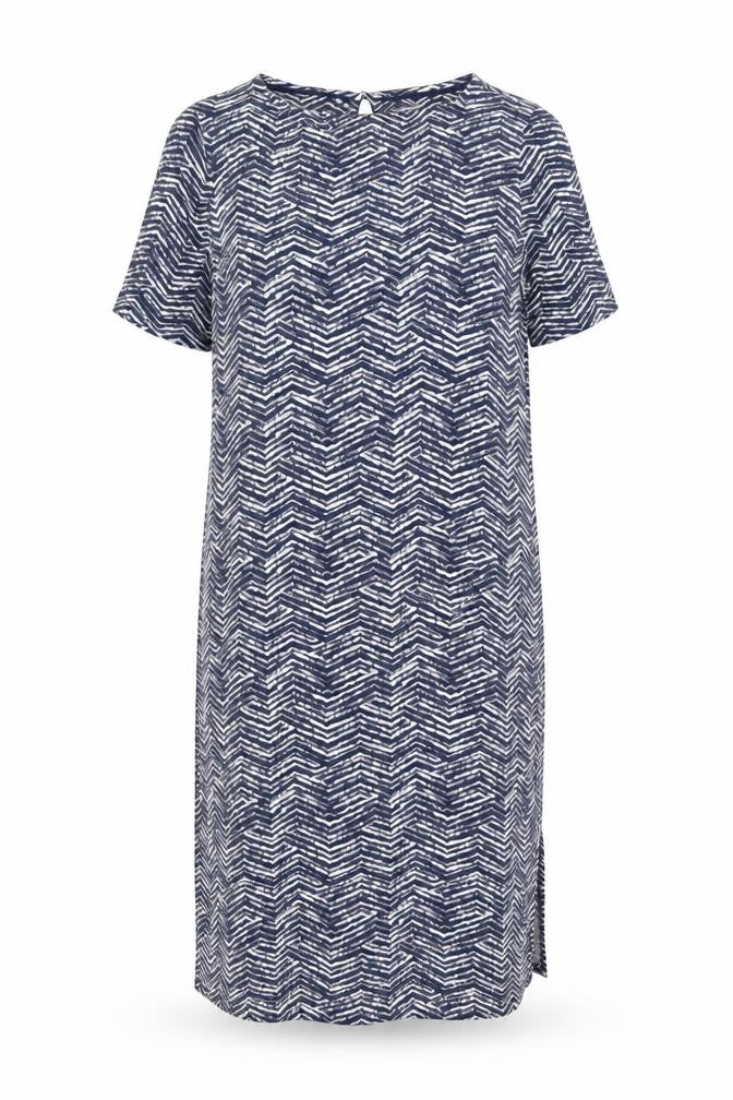 Front view of Dash Women's Blue Chevron Shift Dress, size 16, Short Sleeve Knee Length