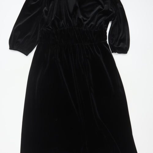 Marks and Spencer Women's Black Velvet Midi Fit & Flare Dress Size 12