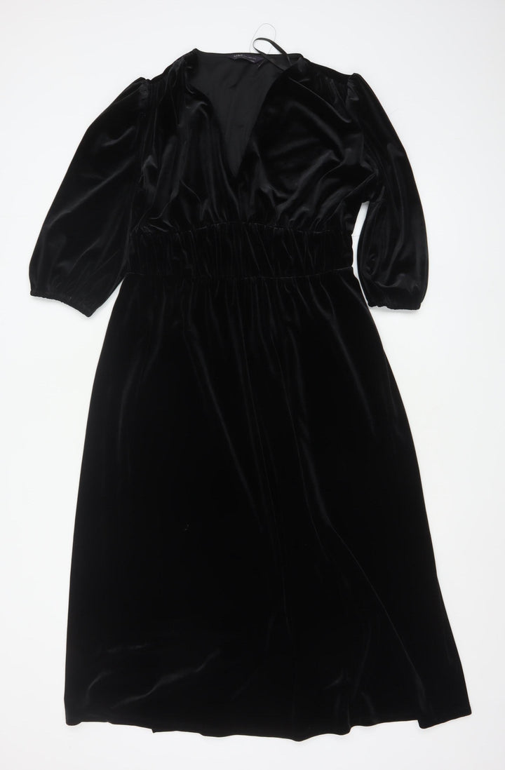 Marks and Spencer Women's Black Velvet Midi Fit & Flare Dress Size 12