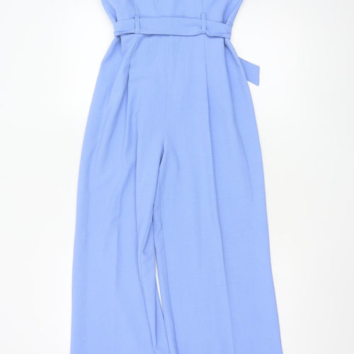Miss Selfridge Women's Blue Ruffle Bardot Wide-Leg Jumpsuit Size 10