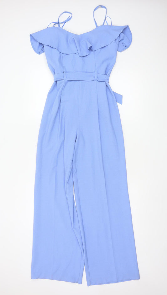Miss Selfridge Women's Blue Ruffle Bardot Wide-Leg Jumpsuit Size 10