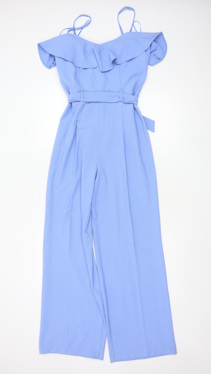 Miss Selfridge Women's Blue Ruffle Bardot Wide-Leg Jumpsuit Size 10