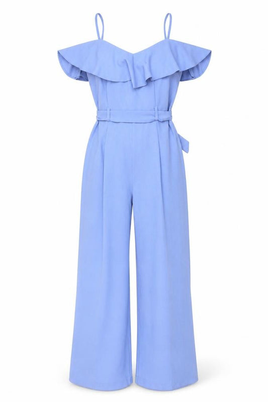 Miss Selfridge Women's Blue Ruffle Bardot Wide-Leg Jumpsuit Size 10