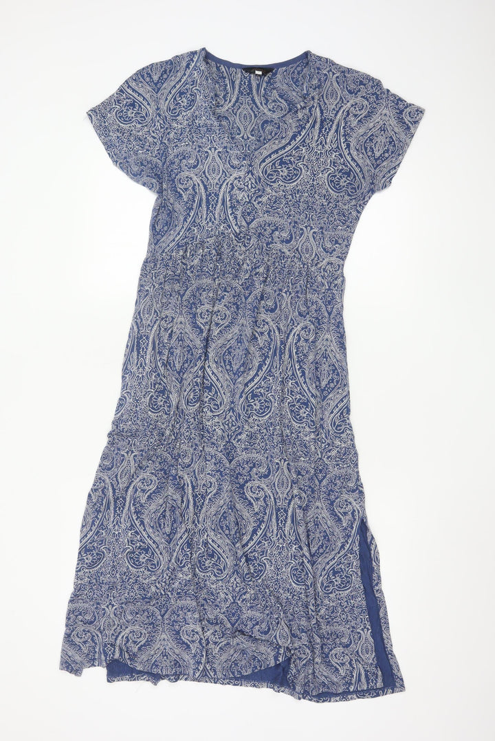 Joules Women Blue Paisley Midi Fit & Flare V-Neck Dress Size S
