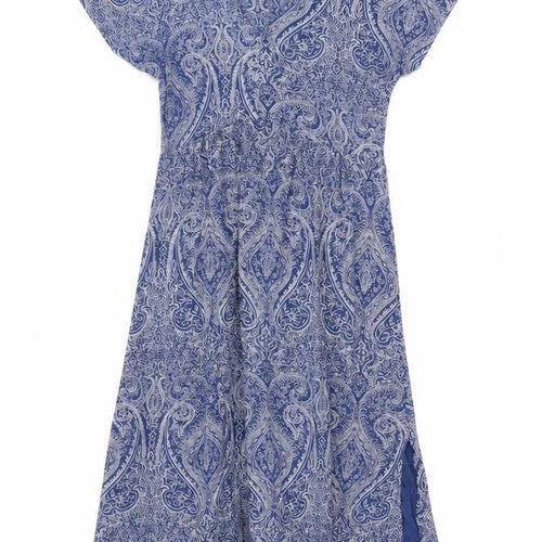 Joules Women Blue Paisley Midi Fit & Flare V-Neck Dress Size S