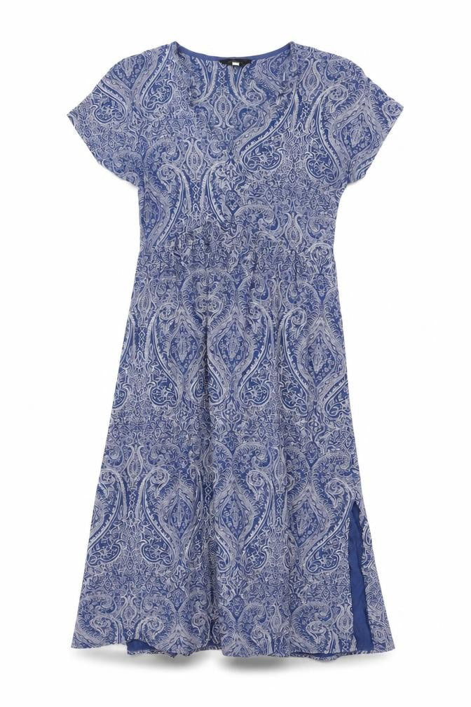 Joules Women Blue Paisley Midi Fit & Flare V-Neck Dress Size S