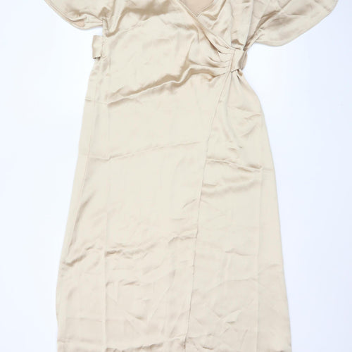 H&M Women’s Beige Midi Wrap Dress Short Sleeve V-Neck XS