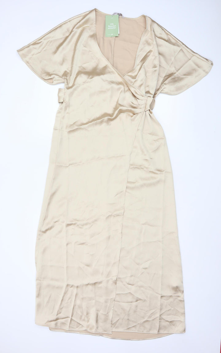 H&M Women’s Beige Midi Wrap Dress Short Sleeve V-Neck XS