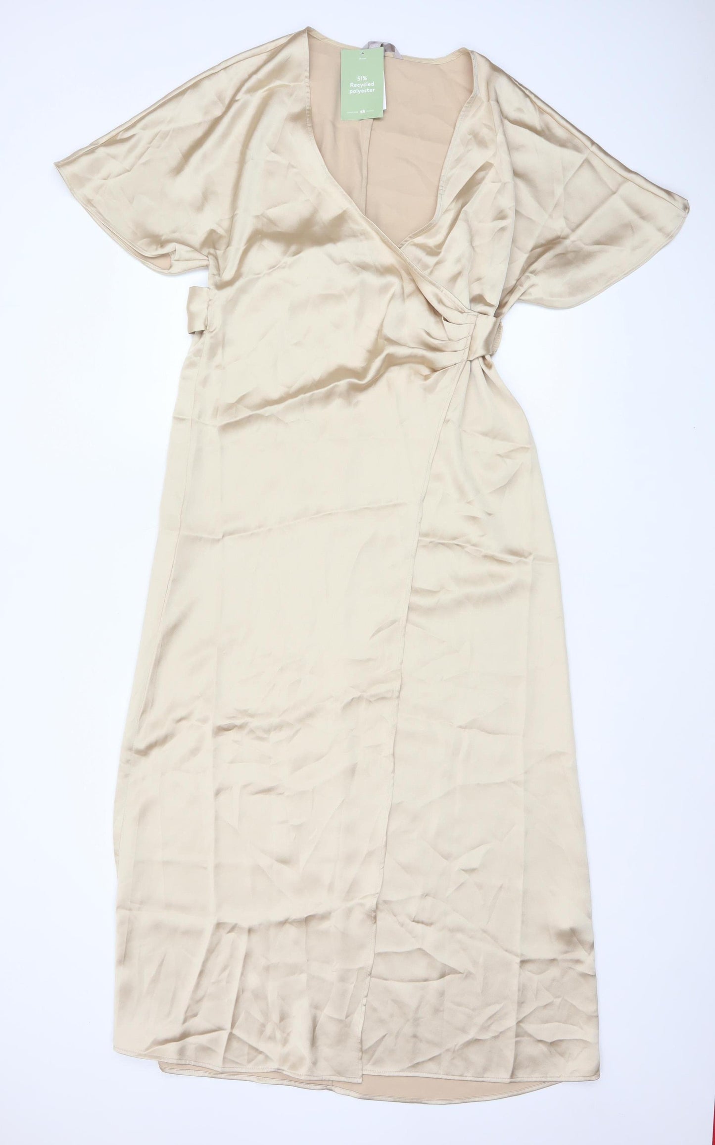H&M Women’s Beige Midi Wrap Dress Short Sleeve V-Neck XS