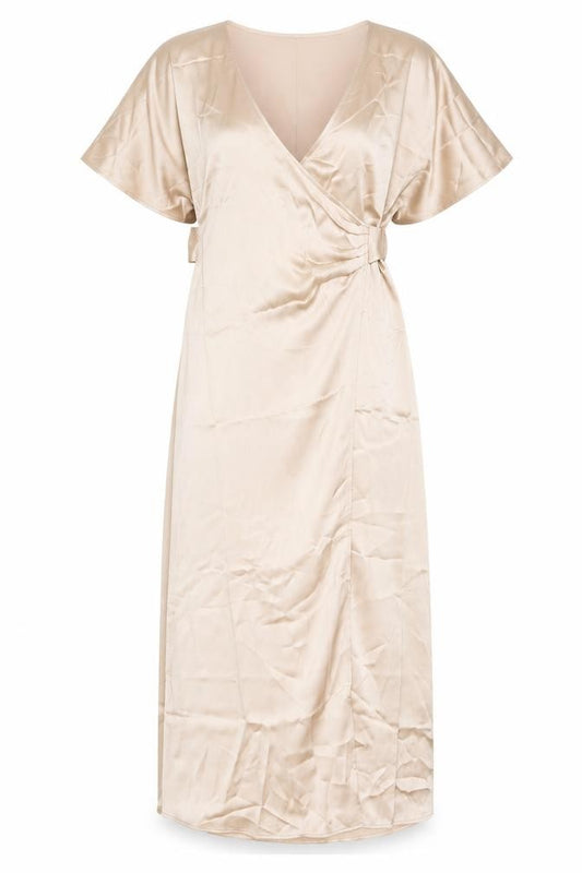 Front view of H&M Women’s Beige Midi Wrap Dress Short Sleeve V-Neck XS