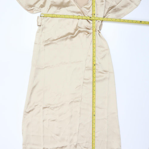 H&M Women’s Beige Midi Wrap Dress Short Sleeve V-Neck XS
