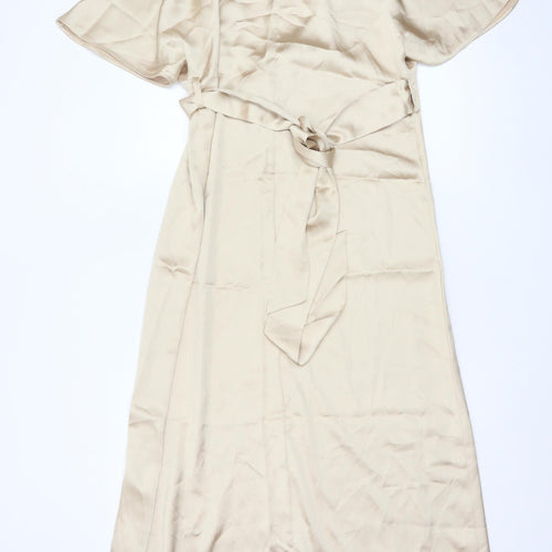 H&M Women’s Beige Midi Wrap Dress Short Sleeve V-Neck XS